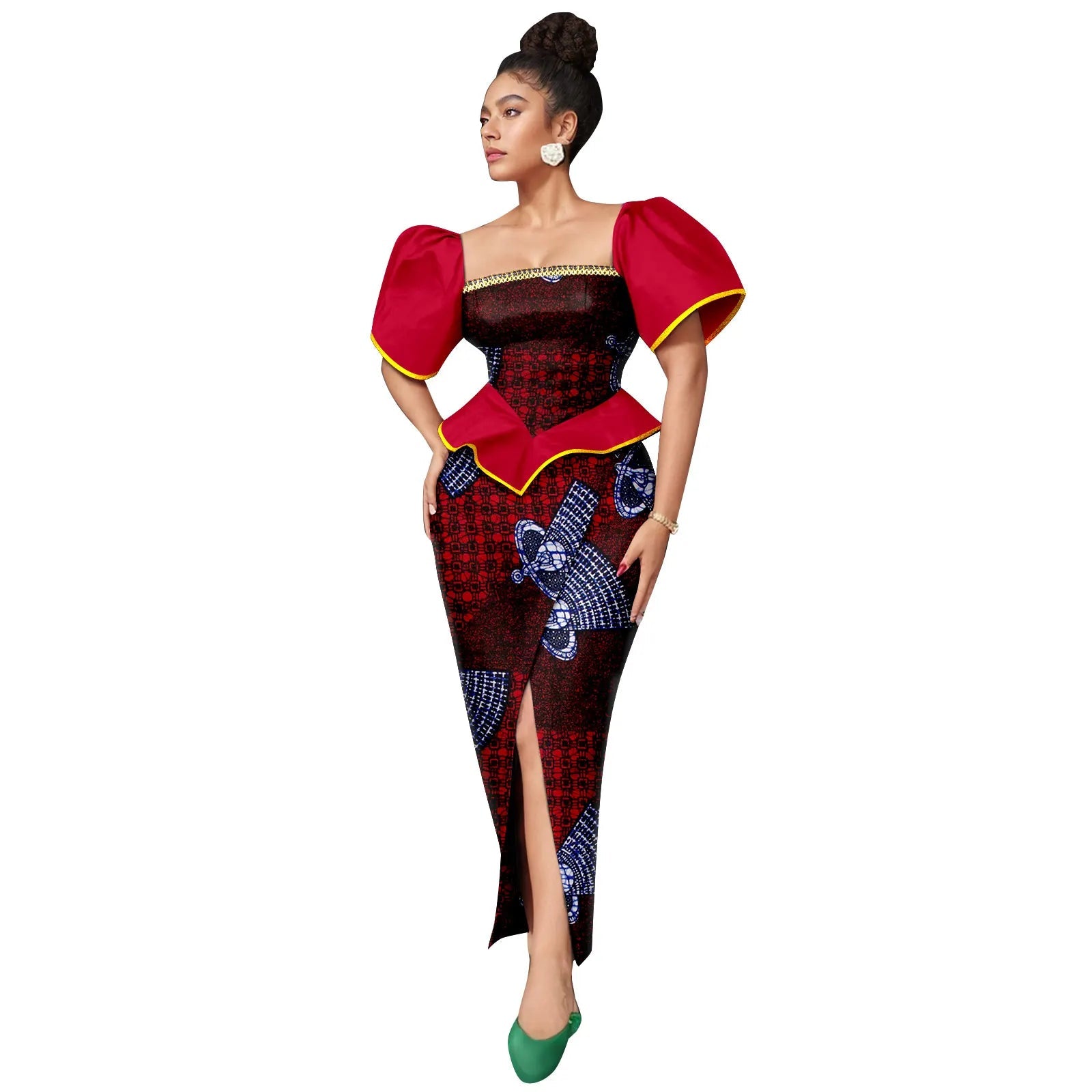 Africa Ankara Printed Women's Dress Short Sleeve Patchwork Square Neck Bubble Sleeve Split Dresses 2425186 SHOWLU FASHION STORE