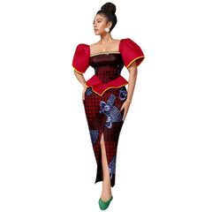 Africa Ankara Printed Women's Dress Short Sleeve Patchwork Square Neck Bubble Sleeve Split Dresses 2425186 SHOWLU FASHION STORE