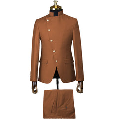 Fashion Stand Collar Men Suits 2 Piece Formal Single Breasted Smart Casual Outfits Solid Color Chic Wedding Party Slim Male Suit