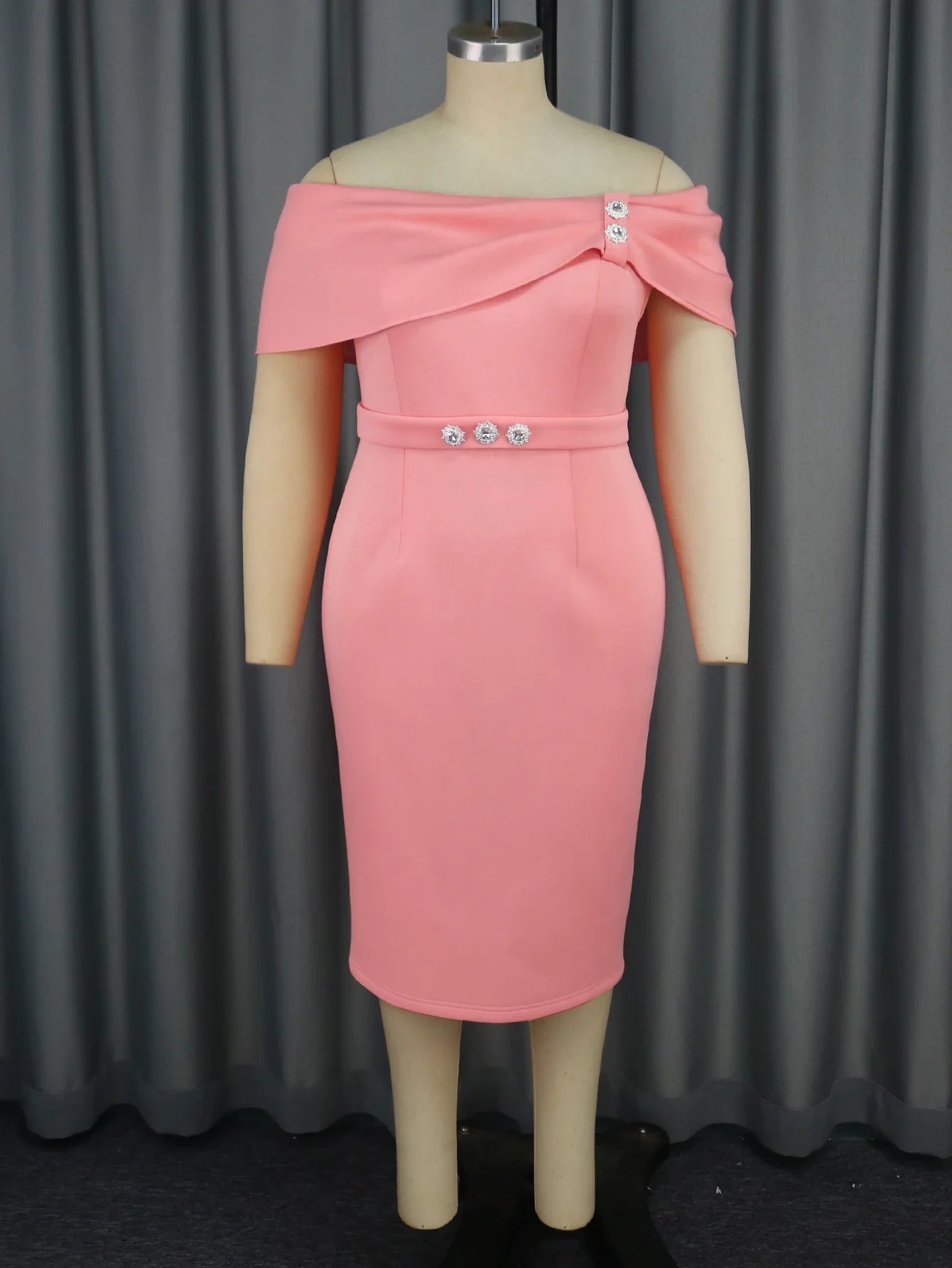 Pink Off Shoulder Dresses for Women Diamond Decoration Slim Fit Package Hip Birthday Wedding Guest Midi Pencil Dress 2025 New SHOWLU FASHION STORE
