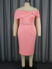 Pink Off Shoulder Dresses for Women Diamond Decoration Slim Fit Package Hip Birthday Wedding Guest Midi Pencil Dress 2025 New SHOWLU FASHION STORE