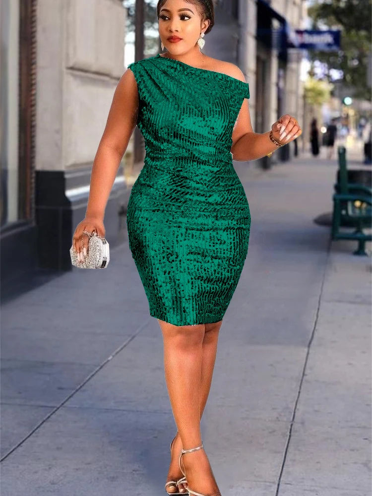 Sequin Dress Women Party Night Shiny Glitter Fashion Bodycon Prom Robe Large Size Sequins One Shoulder Quinceanera Gowns New In SHOWLU FASHION STORE