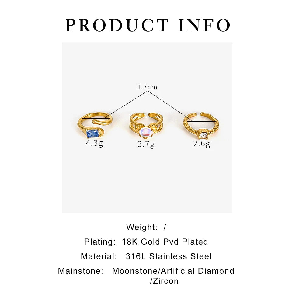 Peri'sbox Vintage Elegant Gold Plated Geometric Moonstone Zircon Rhinestone Open Rings for Women Party Daily Jewelry Waterproof SHOWLU FASHION STORE