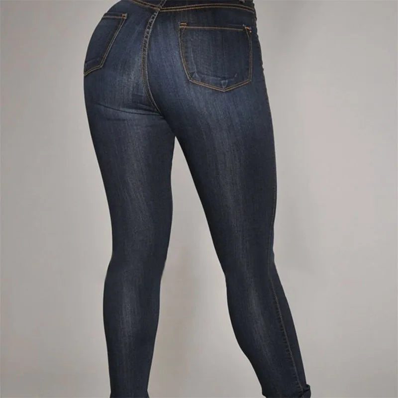 Women High Waist Elastic Slim Fit Skinny Jeans Lady Vintage Button Pencil Long Pants Narrow Straight Wrap Hips Casual Trousers SHOWLU FASHION STORE