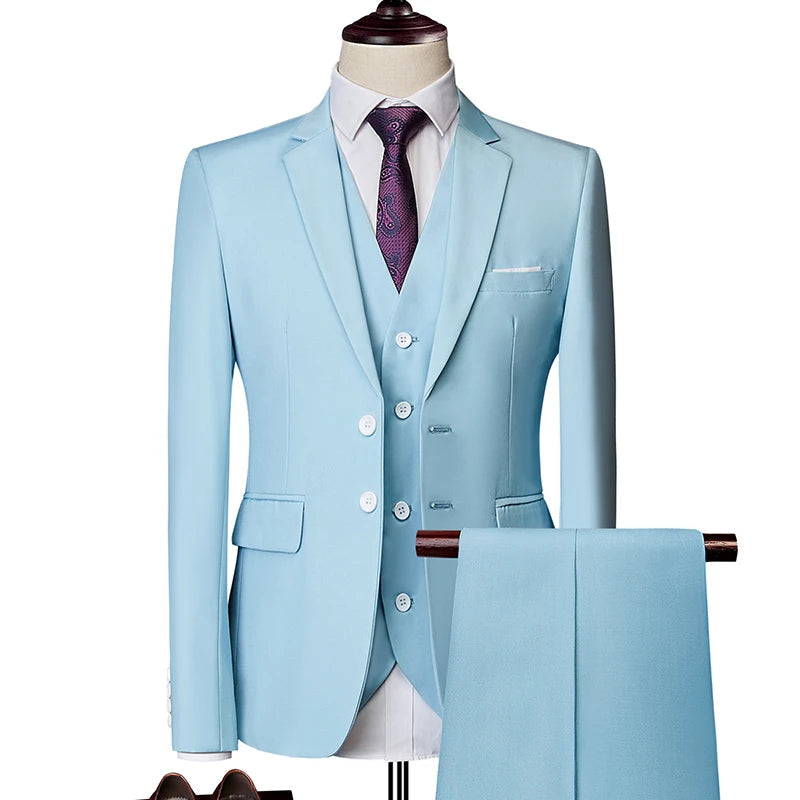 Mens Business Casual (suit + Vest + Trousers) Wedding Suit High-quality Handsome European and American Suit Pink Three-piece Set SHOWLU FASHION STORE