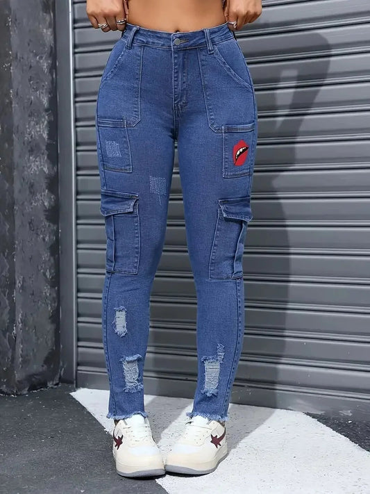 Women's Blue Elastic Jeans With Waist And Hip Lift Tight Little Fee Hairy Edges Sexy Overalls Multi-pocket Pants Lipstick Print SHOWLU FASHION STORE