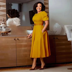 Ladies Office Dresses Women Formal Work O-Neck Puff Sleeve Wrap Waist A-line Dresses with Belt Bodycon Dress African Dresses