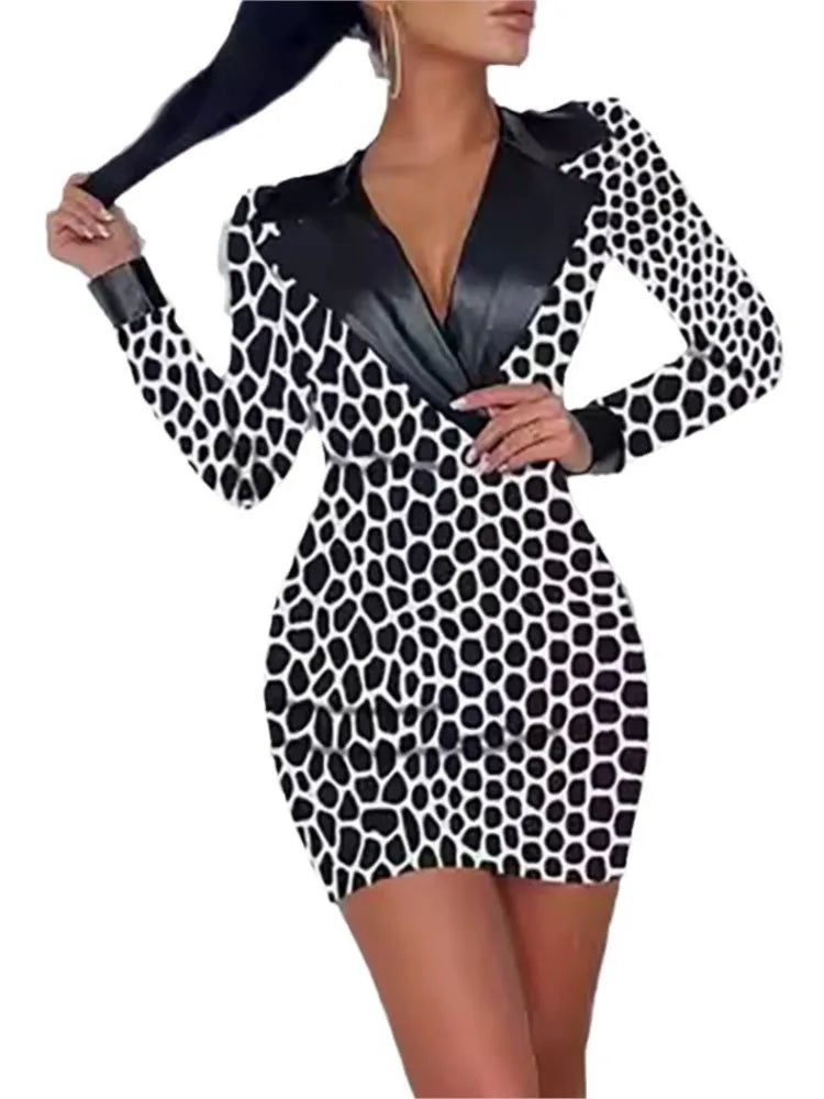 Women's 2024 New Long Sleeved Sexy Wrapped Hip Fashion Splicing PU Suit V-neck Fashion Casual Office Dress SHOWLU FASHION STORE
