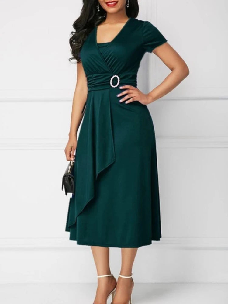 Summer Dresses Elegant Women Solid Color Short Sleeve V Neck Asymmetric Hem Waist Tight Midi Party Dress Ladies Evening Vestidos SHOWLU FASHION STORE