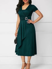 Summer Dresses Elegant Women Solid Color Short Sleeve V Neck Asymmetric Hem Waist Tight Midi Party Dress Ladies Evening Vestidos SHOWLU FASHION STORE