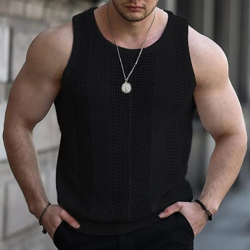 Summer New Men's Sleeveless T-shirt Sleeveless Slim Knit Vest Men's Tank Top Sexy Hollow Through Men's Vest FugeesTee Sportswear SHOWLU FASHION STORE