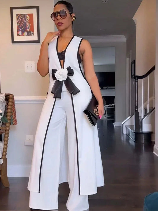 Bow Tie Appliques V-neck Sleeveless Long Top and Wide Leg Pants Matching Sets Women Two Piece Set Elegant Vintage Club Outfits SHOWLU FASHION STORE