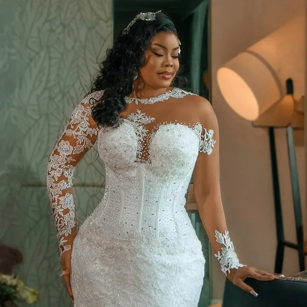 Customized Sexy Arabic Mermaid Wedding Dresses Sheer Neck Lace Applique Beads Long Sleeves Removable Tail Bridal Gowns Africa SHOWLU FASHION STORE