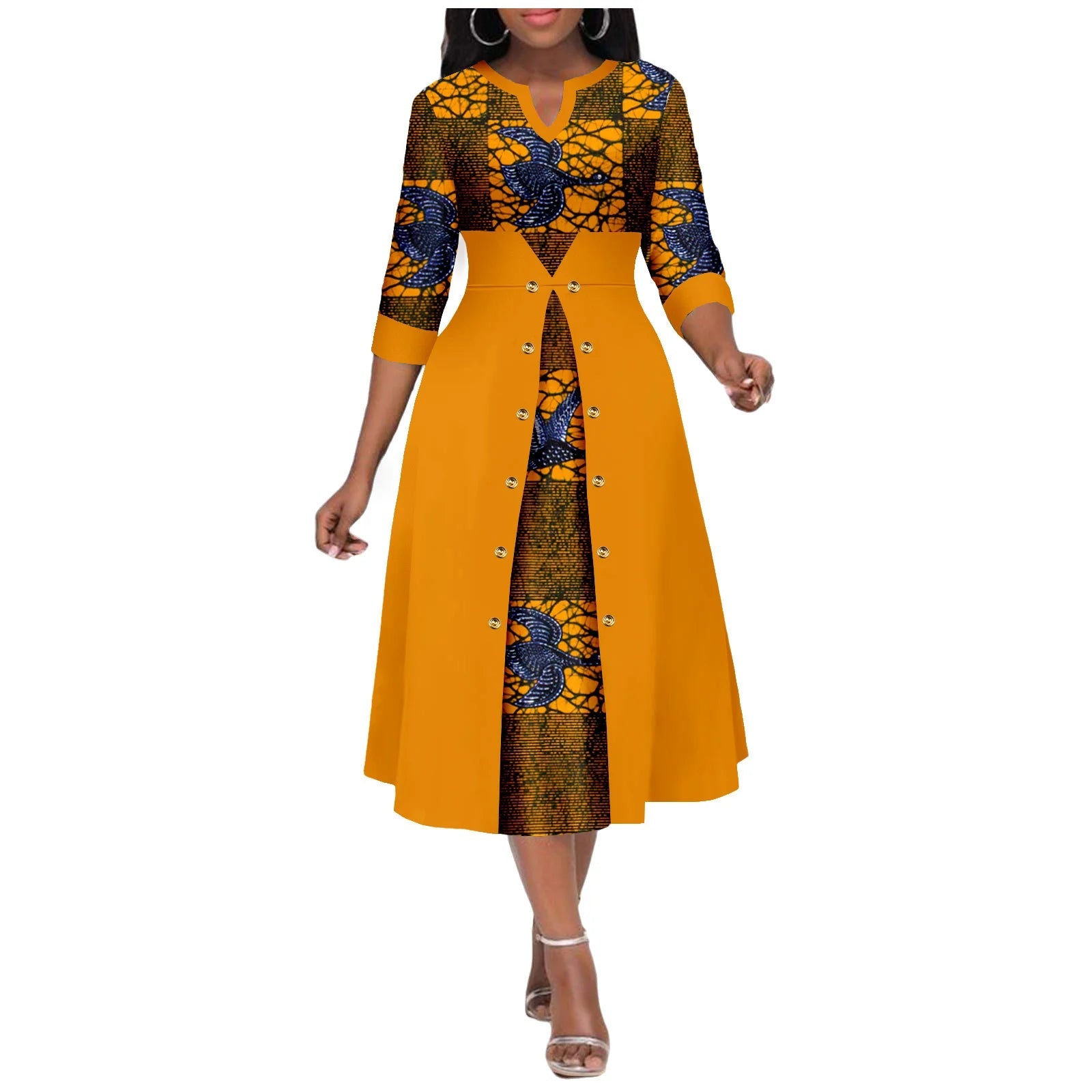 Africa Ankara Printed Fabric Women's Dress V Neck Sexy Double Hem Splicing Clash Color Model Skirt 2425190 SHOWLU FASHION STORE