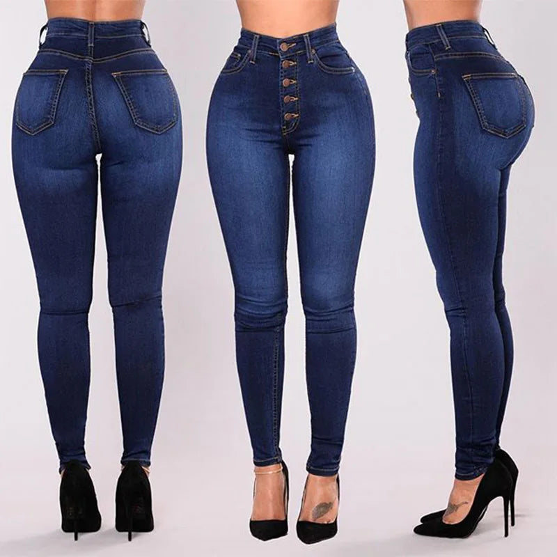 Women High Waist Elastic Slim Fit Skinny Jeans Lady Vintage Button Pencil Long Pants Narrow Straight Wrap Hips Casual Trousers SHOWLU FASHION STORE