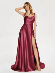 2024 New 3 Styles Simple Satin Bridesmaid Dress Cowl Neckline with Tieing Thin Straps Evening Dress Leg Slit  A-line Prom Dress SHOWLU FASHION STORE