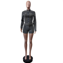 Sexy Denim Womens 2 Two Piece Set Stretchy Long Sleeve Zip Up Slim Jackets and Shorts Suits Y2k Streetwear Belt Jean Outfit Sets SHOWLU FASHION STORE