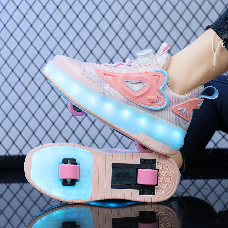 Children Two Girls Wheels Luminous Glowing Sneakers Heels Pink Led Light Roller Skate Shoes Kids Led Shoes USB Charging Fashion SHOWLU FASHION STORE