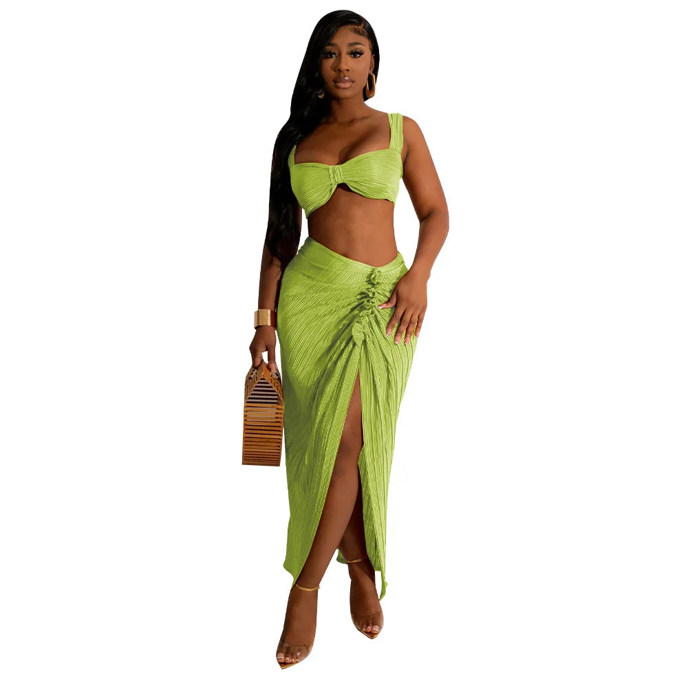 Summer Dresses for Women Two Pieces Set Sexy Backless Halter Top and High Waist Side Slit Pleated Skirt Matching Lady Streetwear SHOWLU FASHION STORE