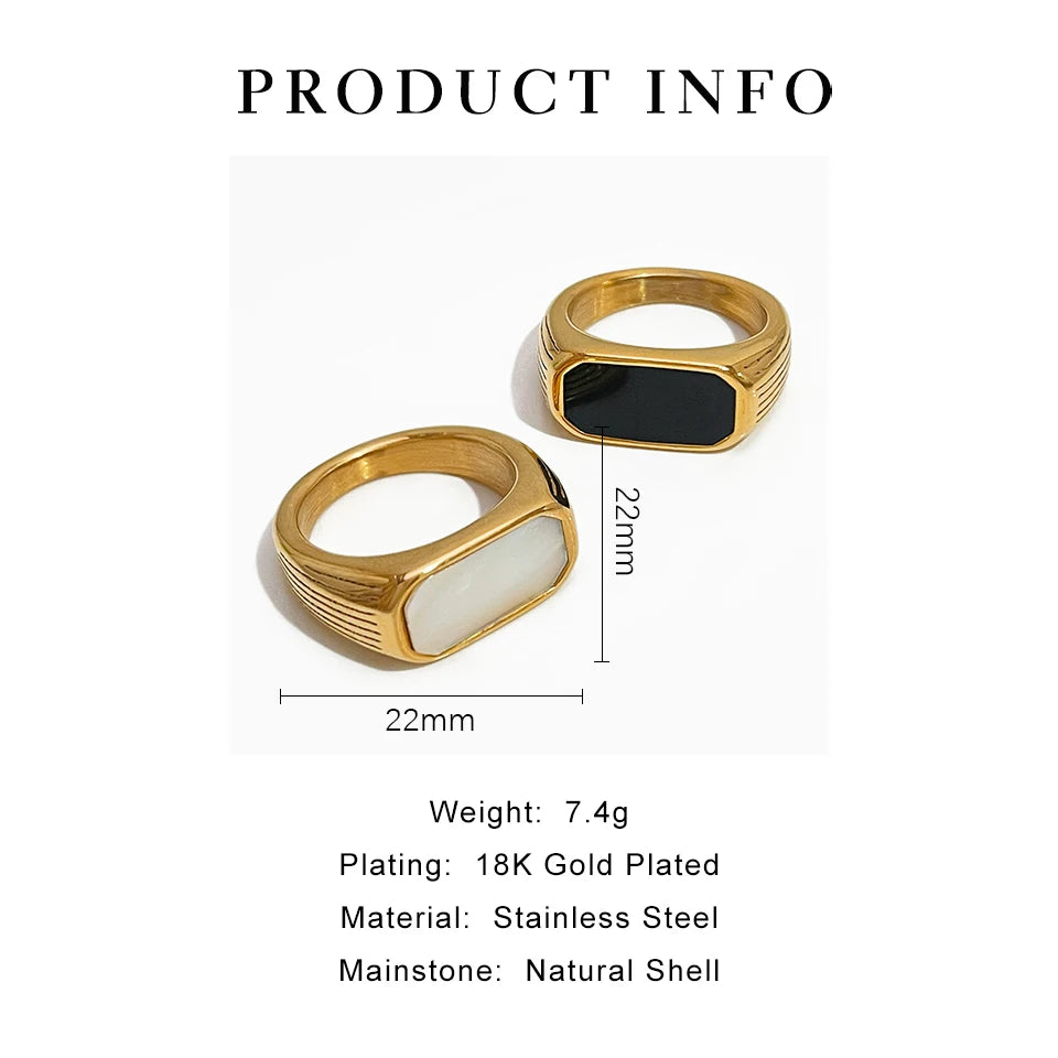 Peri'sBox Chunky Elegant Stainless Steel Gold Plated Rectangle Monther of Pearl Rings Jewelry Black Shell Finger Ring Unusual SHOWLU FASHION STORE