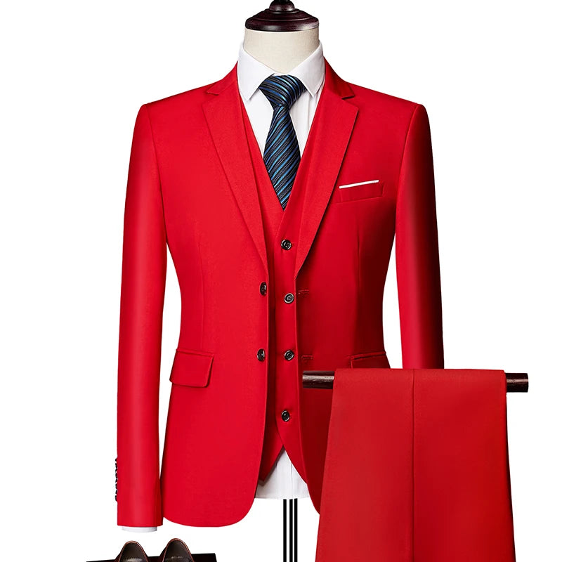 Mens Business Casual (suit + Vest + Trousers) Wedding Suit High-quality Handsome European and American Suit Pink Three-piece Set SHOWLU FASHION STORE