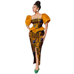 Africa Ankara Printed Women's Dress Short Sleeve Patchwork Square Neck Bubble Sleeve Split Dresses 2425186 SHOWLU FASHION STORE