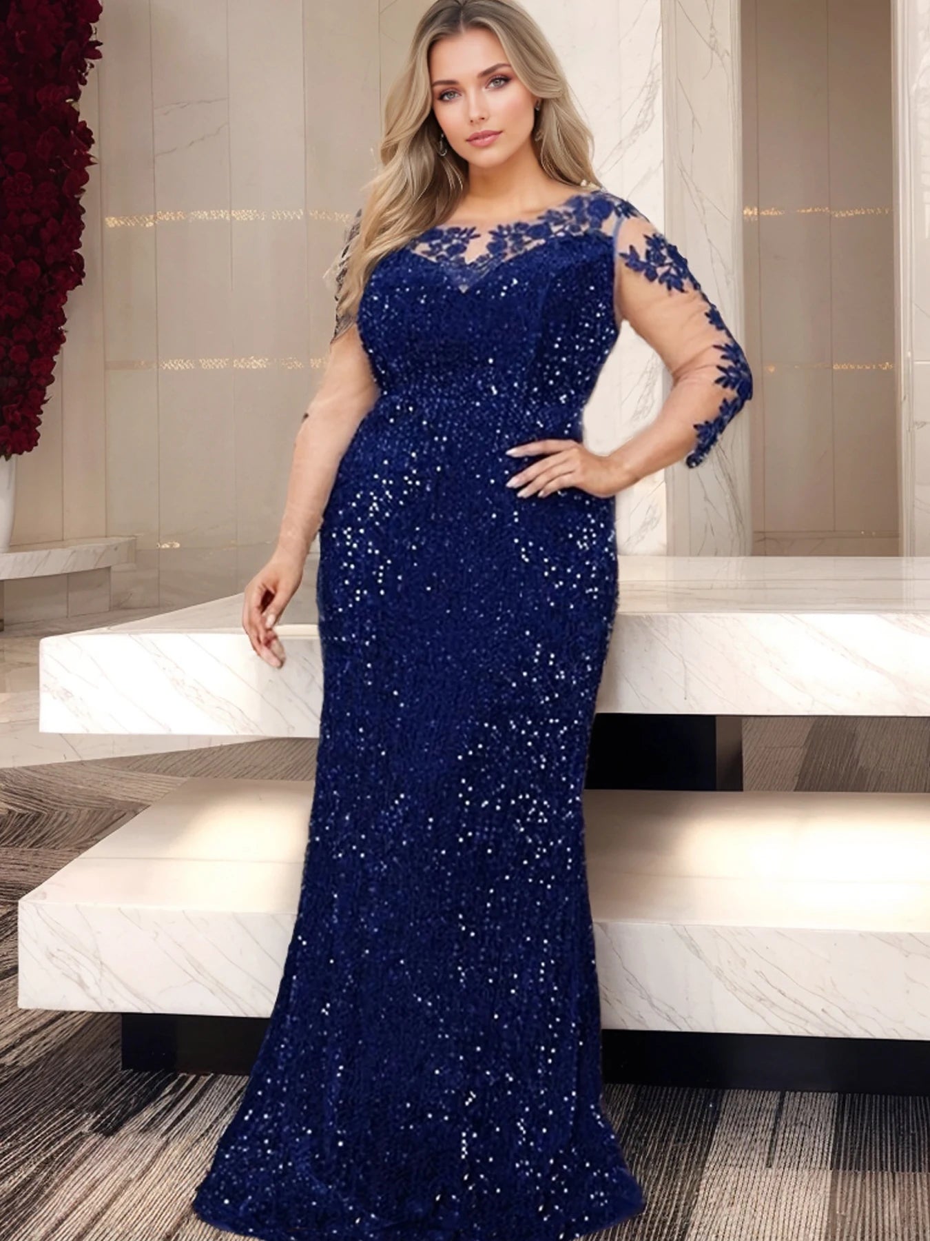 Blue O Neck Sequin Formal Evening Dress Long Sleeves See-through Mesh Stretchy Floor Length Women Party Elegant Wedding Dresses SHOWLU FASHION STORE