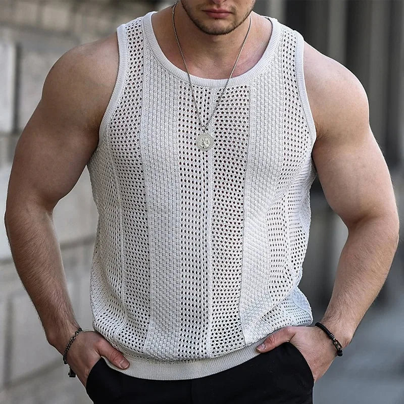 Summer New Men's Sleeveless T-shirt Sleeveless Slim Knit Vest Men's Tank Top Sexy Hollow Through Men's Vest FugeesTee Sportswear SHOWLU FASHION STORE
