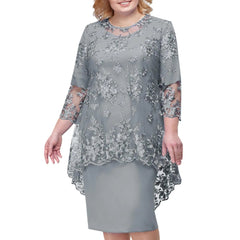 Women's Elegant Lace Embroidery Evening Dress Half Sleeve Knee-Length Round Neck Solid Temperment Dress For Middle-Age Women SHOWLU FASHION STORE