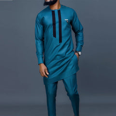 African Ethnic Mens Casual Set 2 Piece Long Sleeve Solid Patchwork Shirt Pants Comfy Loungewear Outfit 2024 New Autumn
