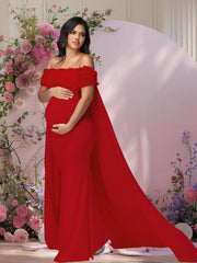 Maternity Floral off Shoulder Dress Mesh Cloak Maxi Party Gown for Baby Shower Photoshoot