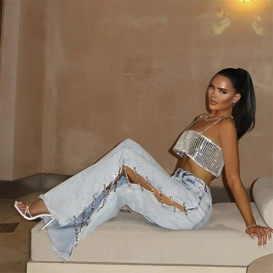 Crystal Chain Women Wide Leg Baggy Jeans High Waist Hollow Out Summer Pants Denim Trousers Y2K Streetwear Side Split Loose Jeans SHOWLU FASHION STORE