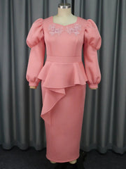 Pink Long Dresses for Women Long Sleeve High Waist Ruffles Peplum Package Hip Evening Banquets Birthday Party Outfits 2024 New SHOWLU FASHION STORE