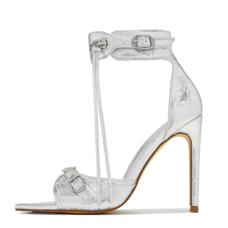 Liyke Summer Fashion Zip Tassel Women Sandals Metal Rivet Buckle Pointed Open Toe Stripper Heels Wedding Banquet Shoes Stiletto SHOWLU FASHION STORE