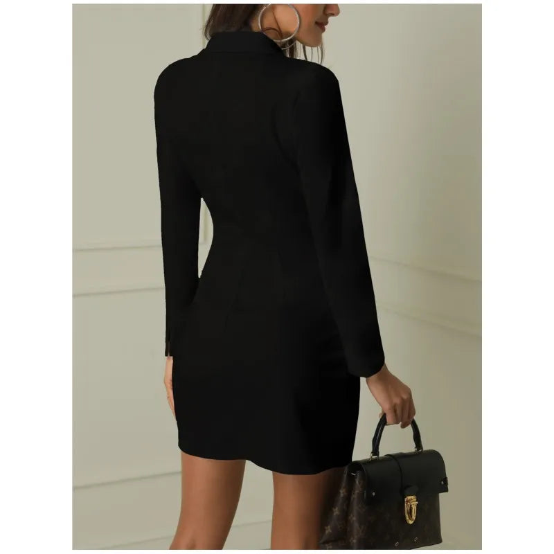 Autumn Solid Color Long Sleeved Suit Dress, Fashionable Women's Suit Collar Long Sleeved Button Up Cardigan Slim Fit Mini Skirt SHOWLU FASHION STORE