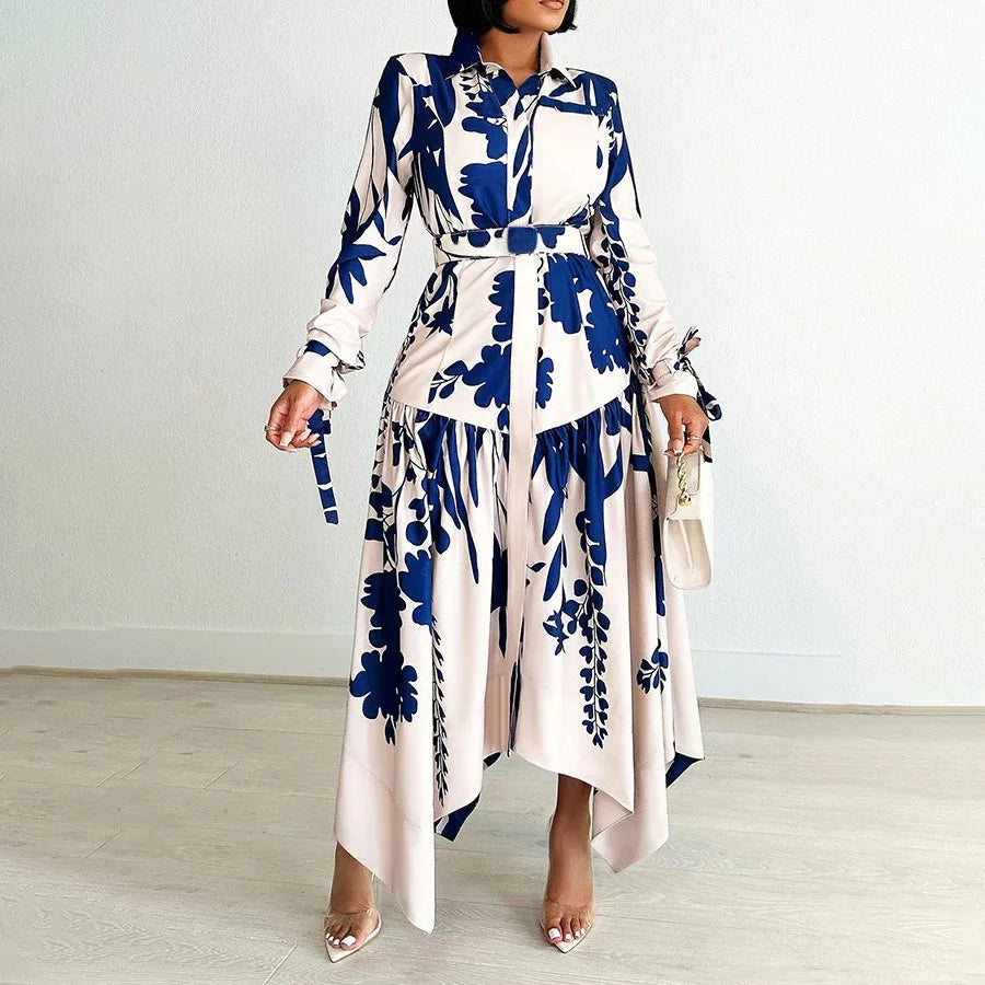 Elegant Printed Dresses Woman 2024 Turn Down Collar Single Breasted Full Sleeve Asymmetric Ankle Length Fashion Birthday Dress SHOWLU FASHION STORE