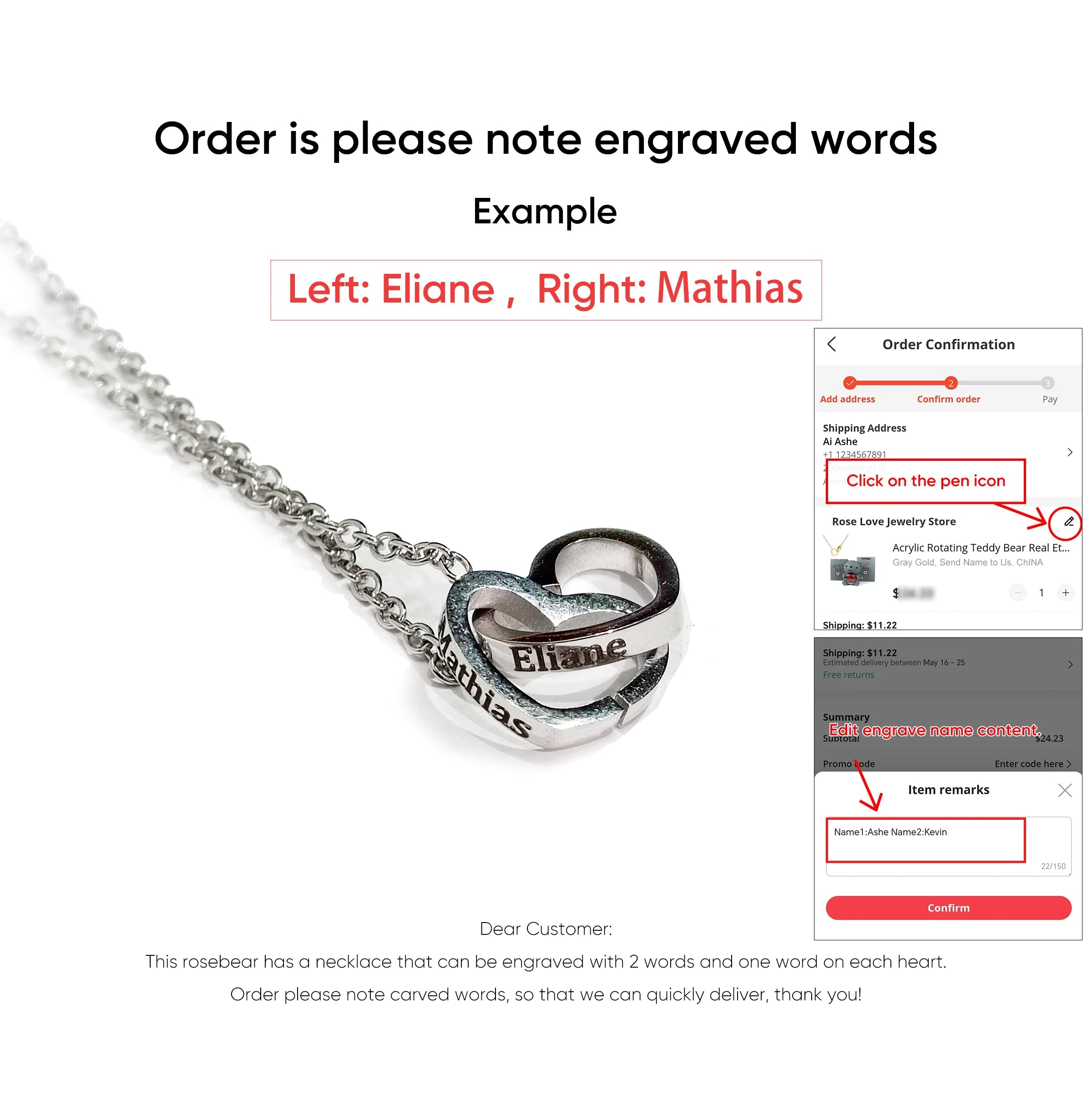 Rotating eternal rose engraved necklace valentines mother day gift box Engraved Interlocking Heart Necklace Eternal Rose Box SHOWLU FASHION STORE