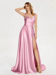 2024 New 3 Styles Simple Satin Bridesmaid Dress Cowl Neckline with Tieing Thin Straps Evening Dress Leg Slit  A-line Prom Dress SHOWLU FASHION STORE