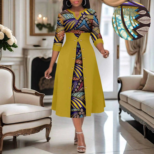 Africa Ankara Printed Fabric Women's Dress V Neck Sexy Double Hem Splicing Clash Color Model Skirt 2425190 SHOWLU FASHION STORE