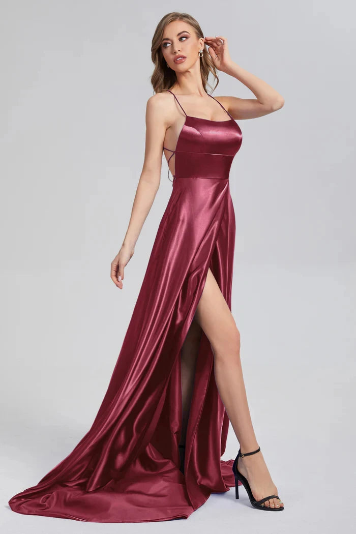 2024 New 3 Styles Simple Satin Bridesmaid Dress Cowl Neckline with Tieing Thin Straps Evening Dress Leg Slit  A-line Prom Dress SHOWLU FASHION STORE