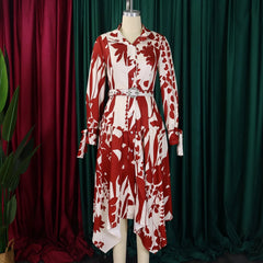 Elegant Printed Dresses Woman 2024 Turn Down Collar Single Breasted Full Sleeve Asymmetric Ankle Length Fashion Birthday Dress SHOWLU FASHION STORE