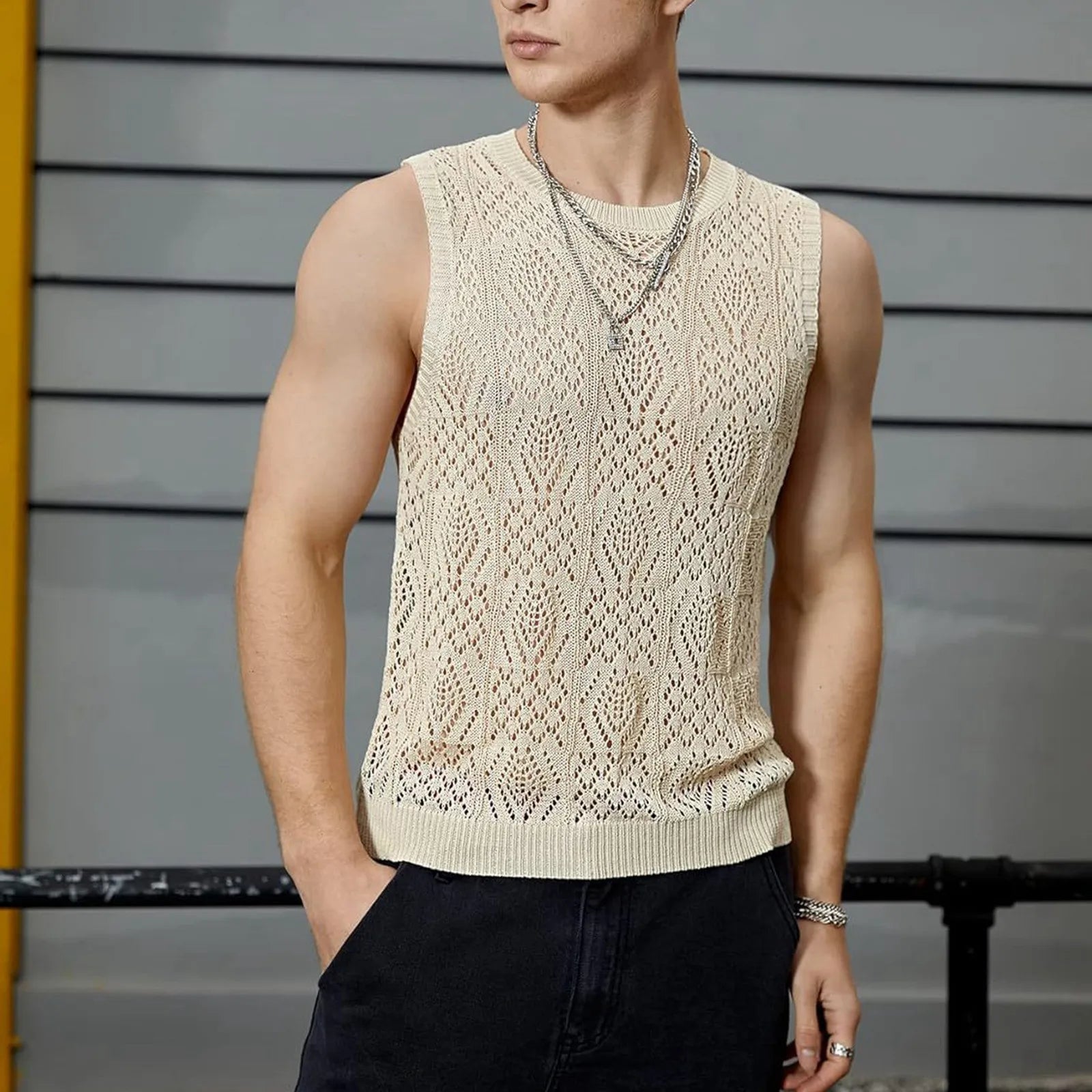 Beach Tops For Men Men'S Knitted Hollowed Out Vest Crew Neck Sleeveless Male Clothes With Designs Camiseta Sin Mangas Hombre SHOWLU FASHION STORE