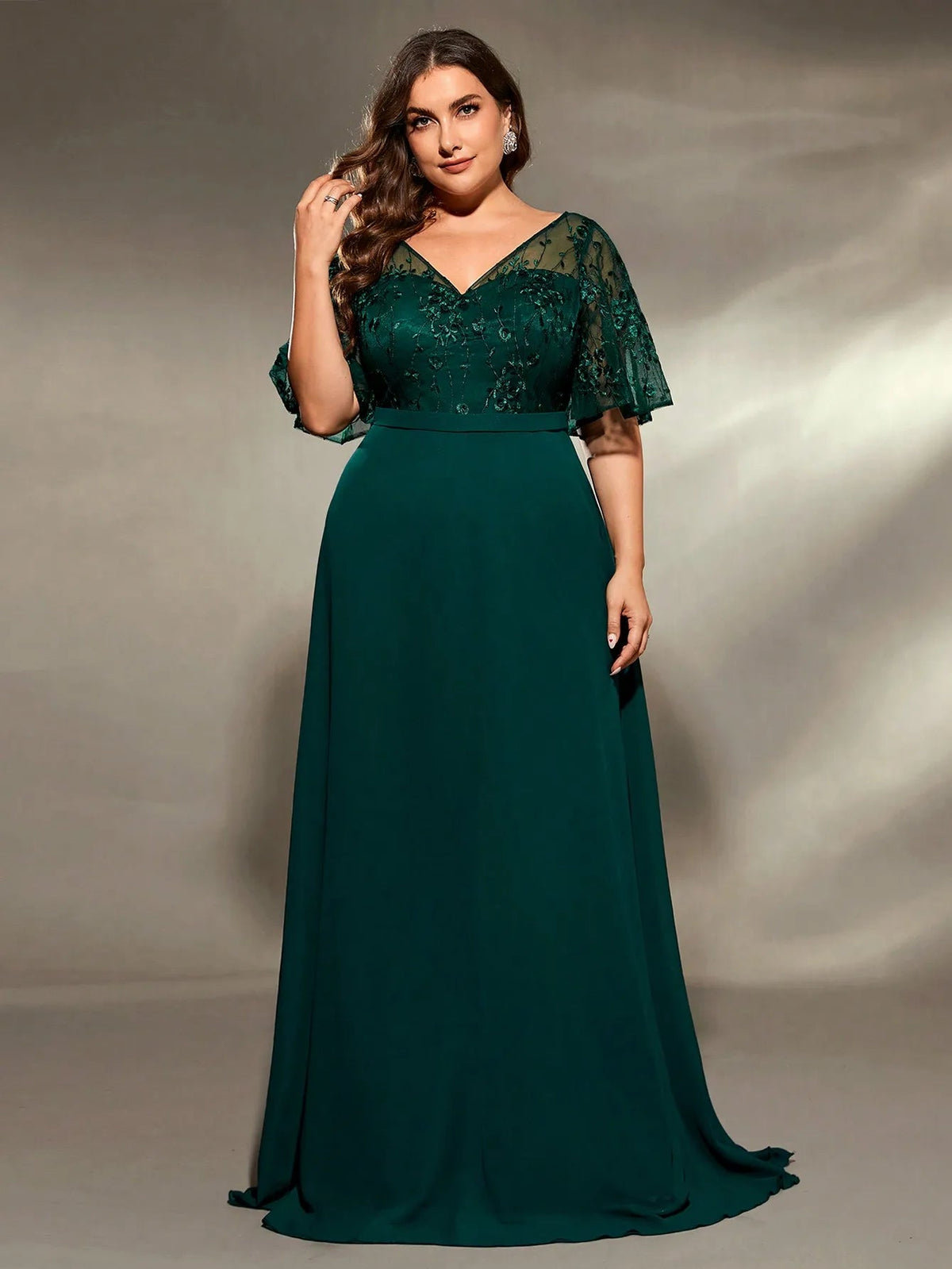 Mgiacy plus size V-neck See-through trumpet sleeve embroidered chiffon full skirt Evening gown Ball dress Party dress SHOWLU FASHION STORE