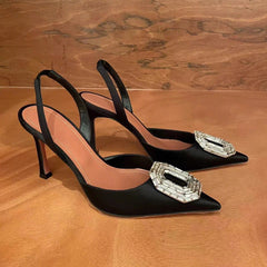 Rhinestone Toe Sandals Women's New Black Versatile Temperament Silk Pointed Toe Back Strap Stiletto Heels SHOWLU FASHION STORE