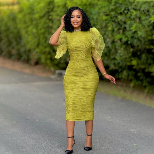New African Fashion Women Dress O Neck Ruffle Sleeves Package Hips Bodycon Dress Office Lady Evening Birthday Party Vestidos