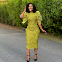 New African Fashion Women Dress O Neck Ruffle Sleeves Package Hips Bodycon Dress Office Lady Evening Birthday Party Vestidos