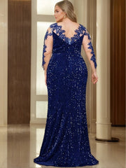 Blue O Neck Sequin Formal Evening Dress Long Sleeves See-through Mesh Stretchy Floor Length Women Party Elegant Wedding Dresses SHOWLU FASHION STORE