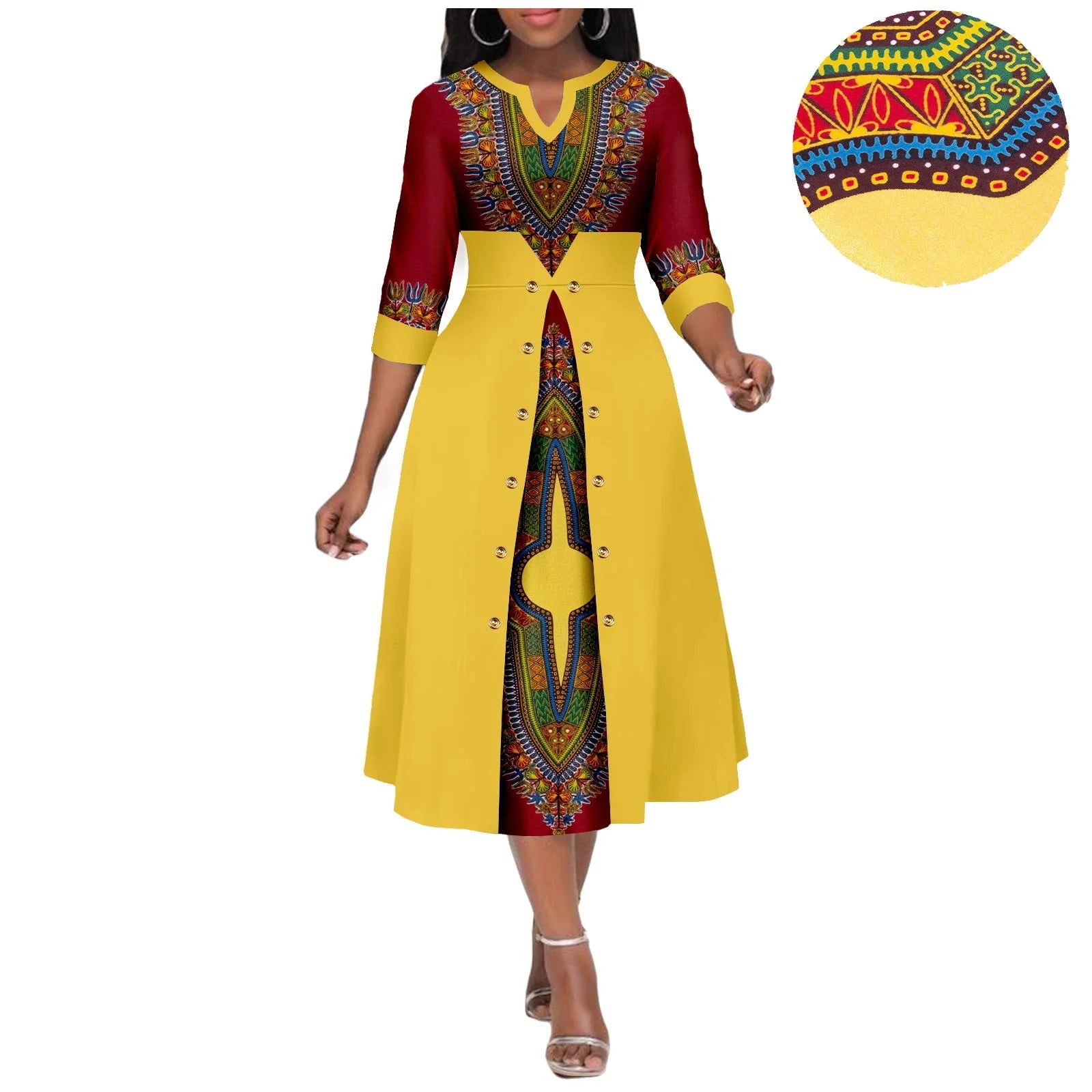 Africa Ankara Printed Fabric Women's Dress V Neck Sexy Double Hem Splicing Clash Color Model Skirt 2425190 SHOWLU FASHION STORE
