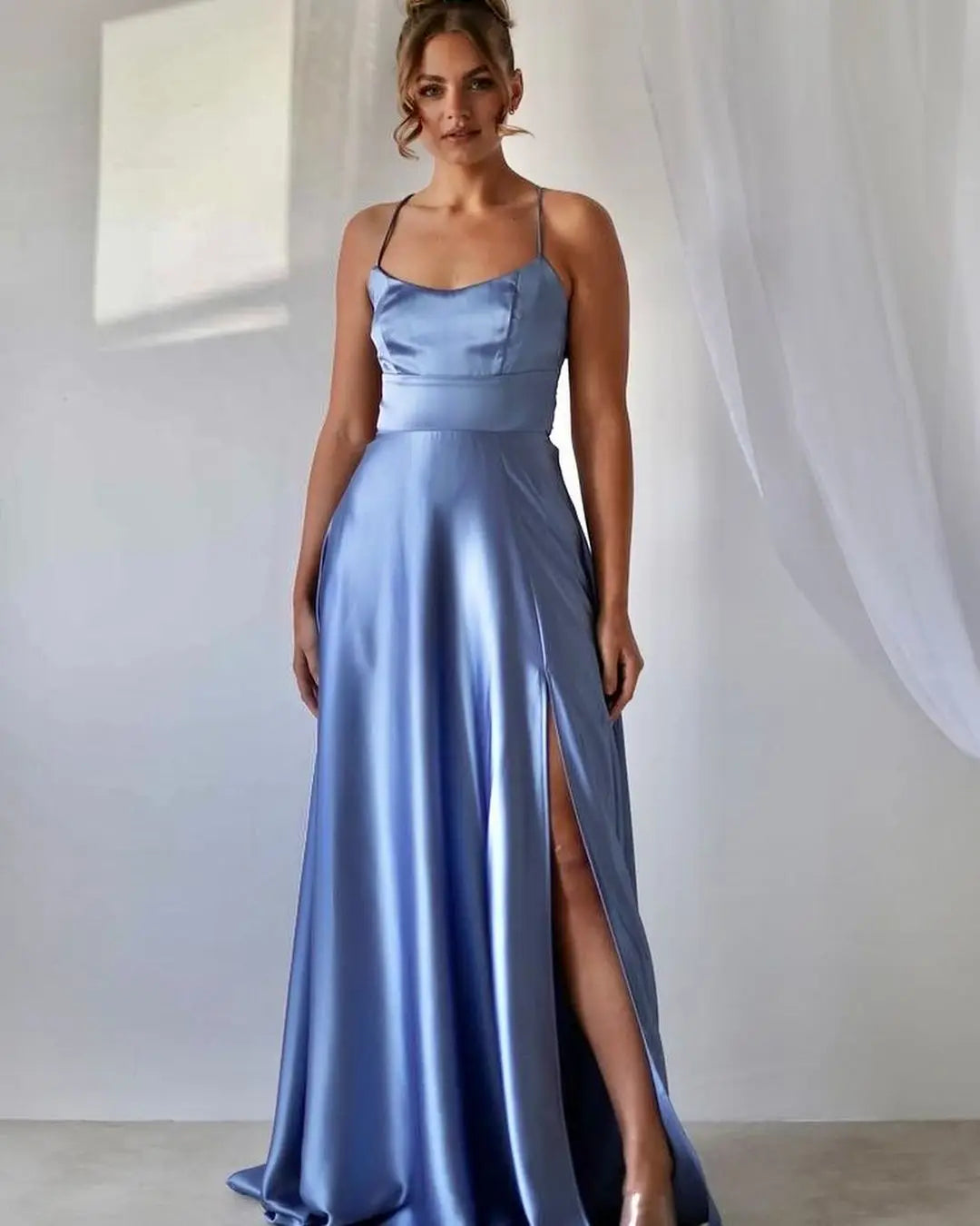 2024 New 3 Styles Simple Satin Bridesmaid Dress Cowl Neckline with Tieing Thin Straps Evening Dress Leg Slit  A-line Prom Dress SHOWLU FASHION STORE