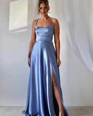 2024 New 3 Styles Simple Satin Bridesmaid Dress Cowl Neckline with Tieing Thin Straps Evening Dress Leg Slit  A-line Prom Dress SHOWLU FASHION STORE